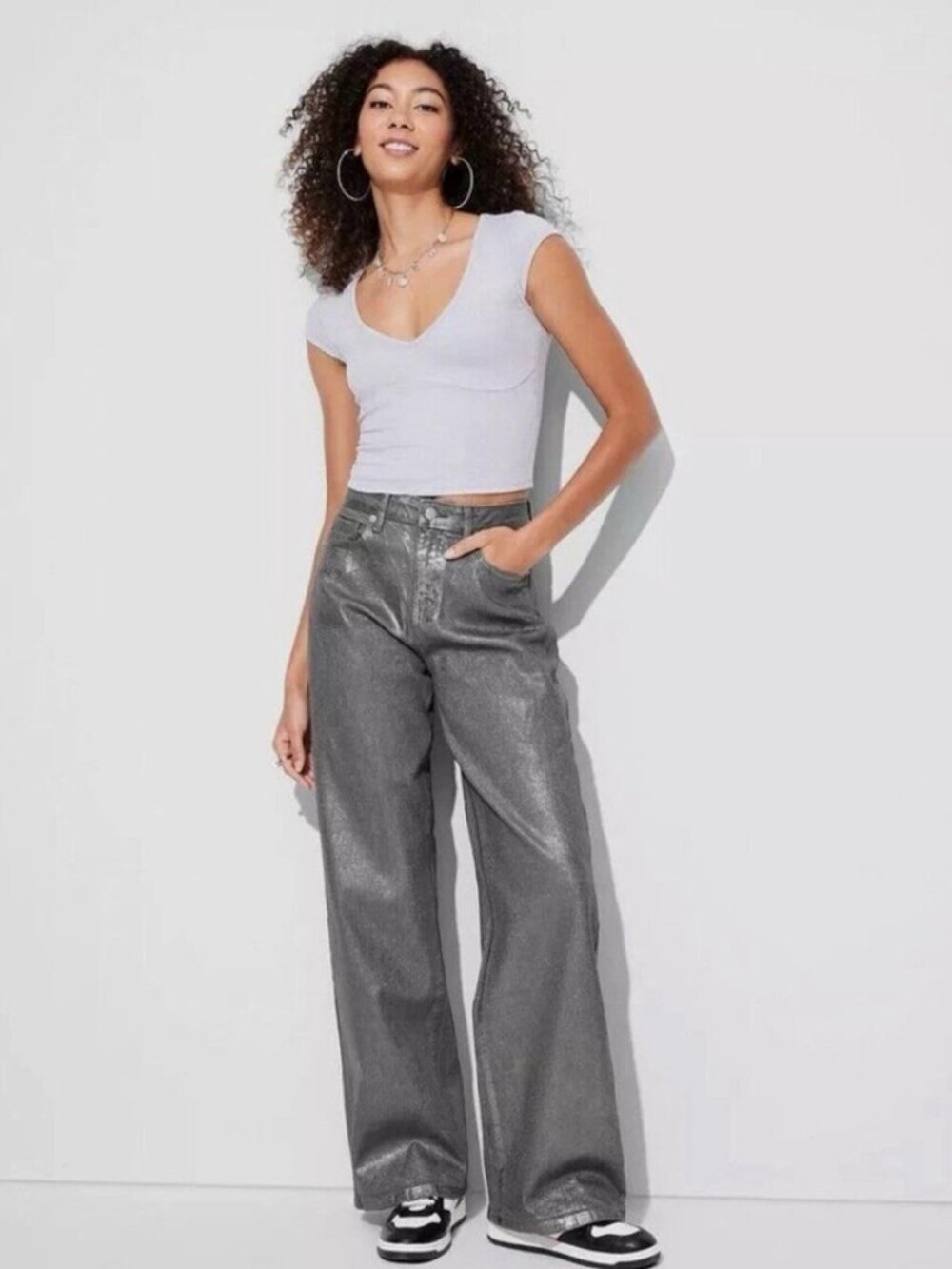 Women's Metallic High Rise Baggy Jeans - Wild Fable Gray Shimmer 00